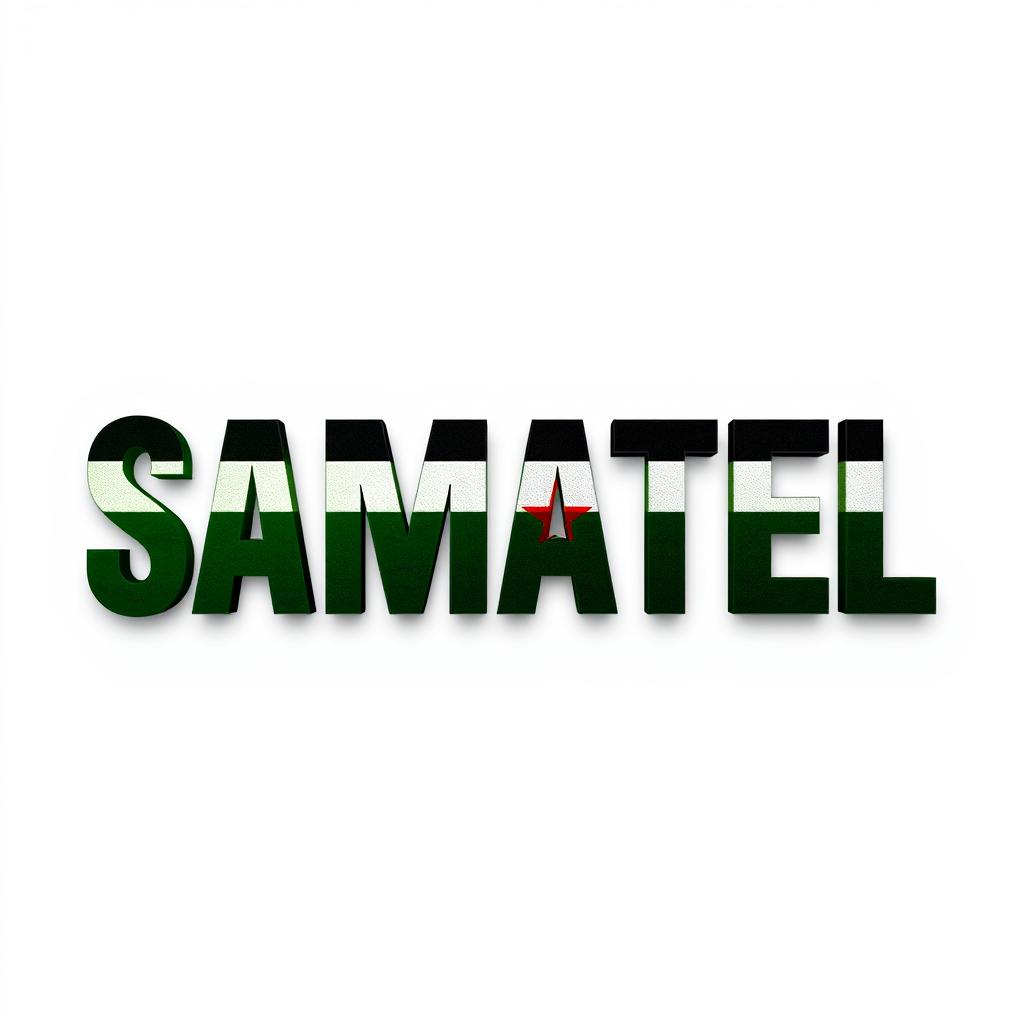 The word 'SAMATEL' prominently displayed, styled with the colors of the new Syrian flag, incorporating a rich green and deep black