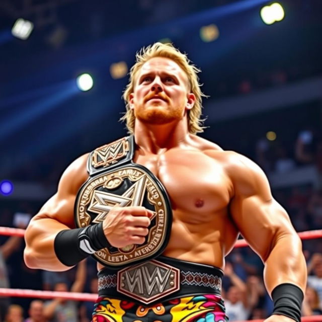 A powerful and muscular wrestler, adorned with a championship belt, standing triumphantly in a wrestling ring