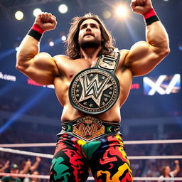 A powerful and muscular wrestler, adorned with a championship belt, standing triumphantly in a wrestling ring