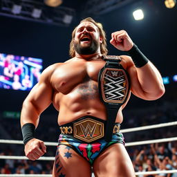 A powerful and muscular wrestler, adorned with a championship belt, standing triumphantly in a wrestling ring