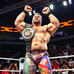 A powerful and muscular wrestler, adorned with a championship belt, standing triumphantly in a wrestling ring