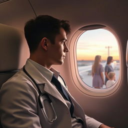 A young doctor in smart attire, sitting inside an airplane, gazing out of the window with a thoughtful expression