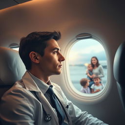 A young doctor in smart attire, sitting inside an airplane, gazing out of the window with a thoughtful expression