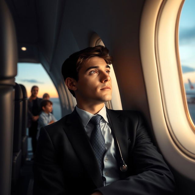A young doctor in smart attire, sitting inside an airplane, gazing out of the window with a thoughtful expression