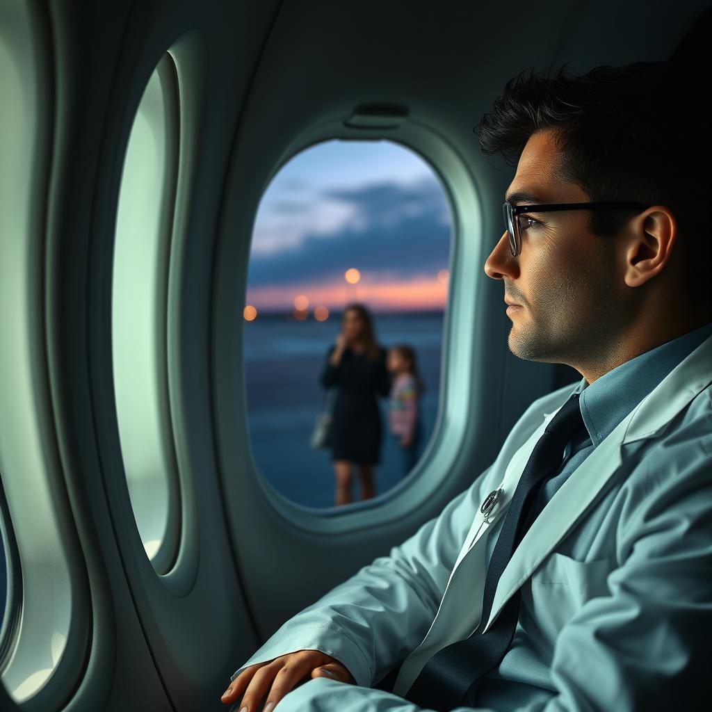 A young doctor in smart attire, sitting inside an airplane, gazing out of the window with a thoughtful expression