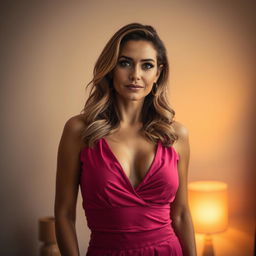 A beautiful 40-year-old woman dressed in sexy yet elegant clothing, standing directly facing the camera with a captivating and sensual expression