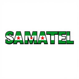 The word 'SAMATEL' designed with a vibrant and bold font, filled with the colors of the green liberty Syrian flag