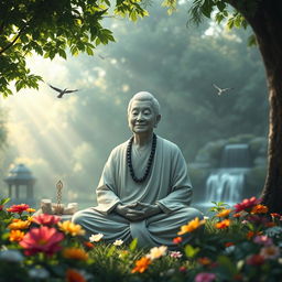 A wise mind personified as a serene and thoughtful figure sitting in a tranquil garden surrounded by lush greenery and colorful flowers
