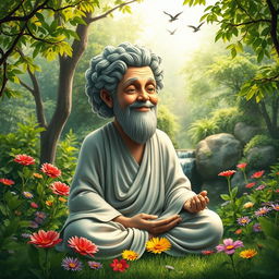 A wise mind personified as a serene and thoughtful figure sitting in a tranquil garden surrounded by lush greenery and colorful flowers