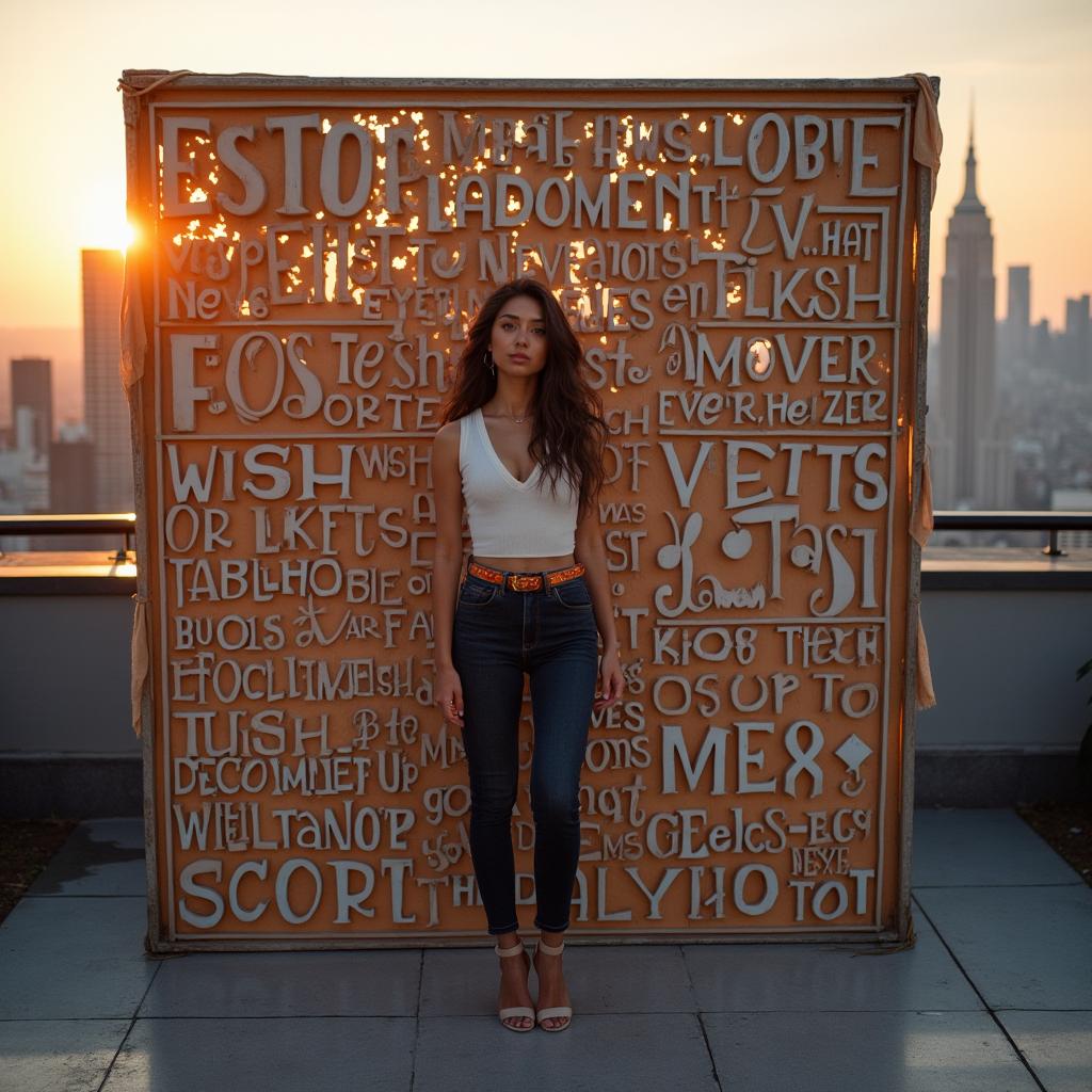 A stylish woman standing confidently in front of a giant wish wall, which is creatively crafted from various fonts and materials, such as wood, metal, and fabric