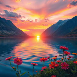 Create a stunning and vibrant digital landscape showcasing a beautiful sunset over a serene lake surrounded by majestic mountains