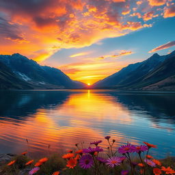 Create a stunning and vibrant digital landscape showcasing a beautiful sunset over a serene lake surrounded by majestic mountains