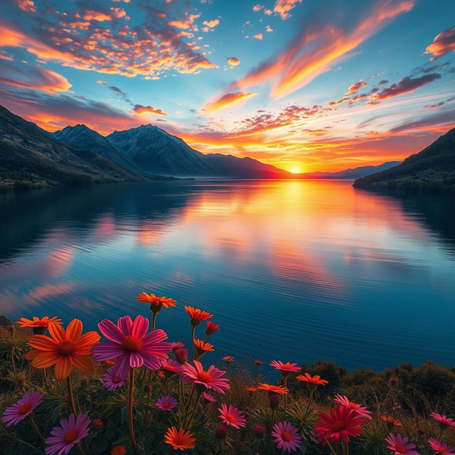 Create a stunning and vibrant digital landscape showcasing a beautiful sunset over a serene lake surrounded by majestic mountains