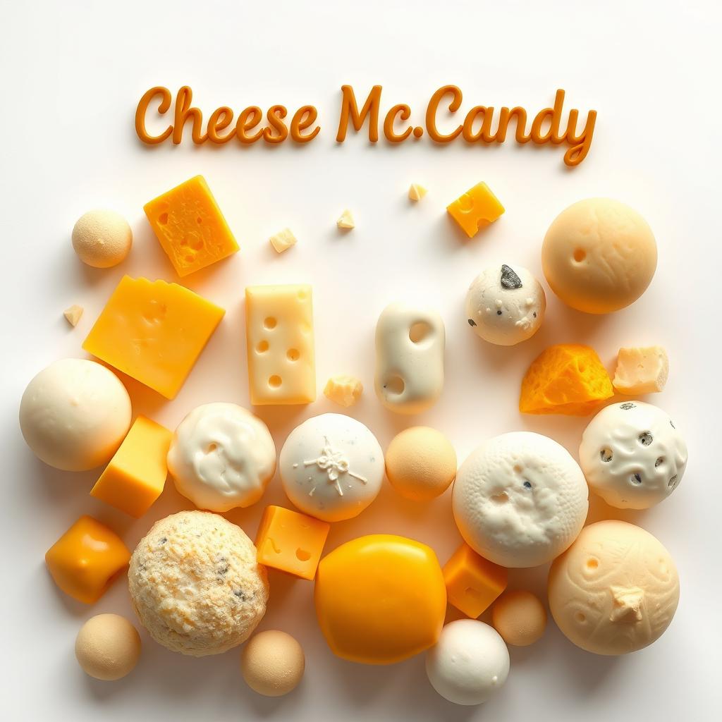 An illustration featuring a white background with an array of 3D cheese balls artistically arranged