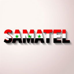 The word "SAMATEL" boldly displayed with each letter creatively colored using the colors of the Syrian flag: red, white, and black, with green accents incorporated to enhance the theme