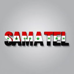 The word "SAMATEL" boldly displayed with each letter creatively colored using the colors of the Syrian flag: red, white, and black, with green accents incorporated to enhance the theme