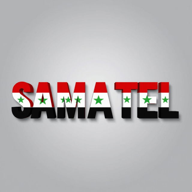 The word "SAMATEL" boldly displayed with each letter creatively colored using the colors of the Syrian flag: red, white, and black, with green accents incorporated to enhance the theme