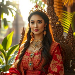 A stunning portrait of a Bagan period princess, showcasing her regal attire adorned with intricate gold embroidery and vibrant gemstones