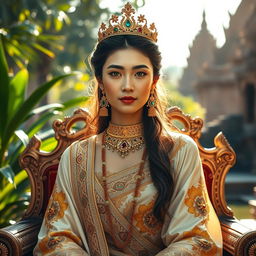 A stunning portrait of a Bagan period princess, showcasing her regal attire adorned with intricate gold embroidery and vibrant gemstones