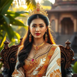 A stunning portrait of a Bagan period princess, showcasing her regal attire adorned with intricate gold embroidery and vibrant gemstones