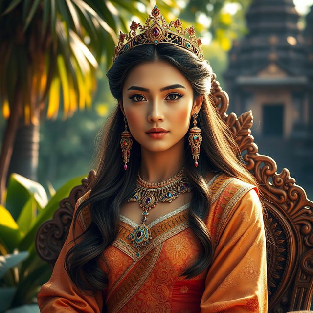 A stunning portrait of a Bagan period princess, showcasing her regal attire adorned with intricate gold embroidery and vibrant gemstones