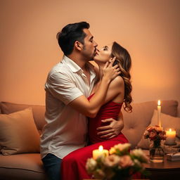 A romantic scene featuring a man passionately kissing his wife on the lips