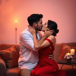 A romantic scene featuring a man passionately kissing his wife on the lips