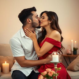 A romantic scene featuring a man passionately kissing his wife on the lips