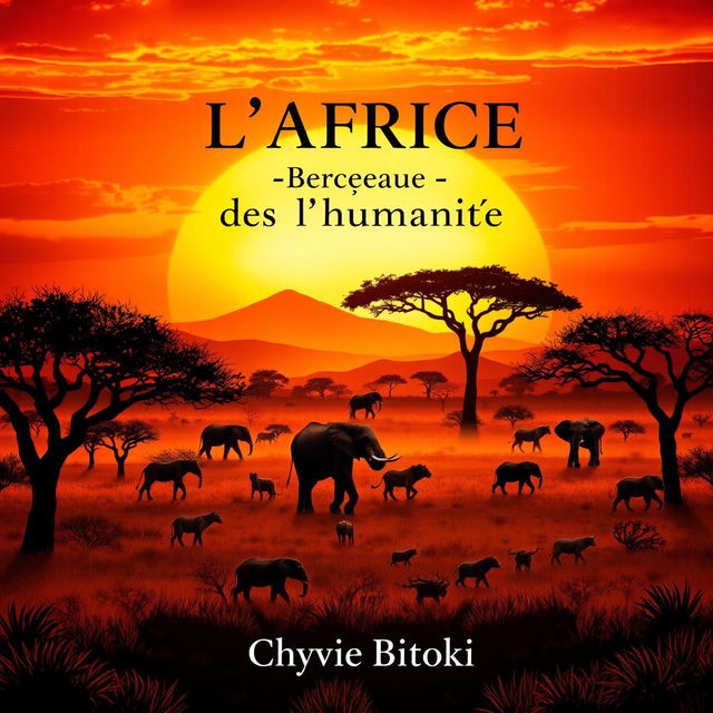 A striking book cover design for a novel titled 'L'Afrique, Berceau de l'Humanité' by Chyvie Bitoki