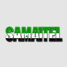 The word 'SAMATEL' styled in bold, modern typography, colored with the vibrant green, black, and white colors of the Syrian flag