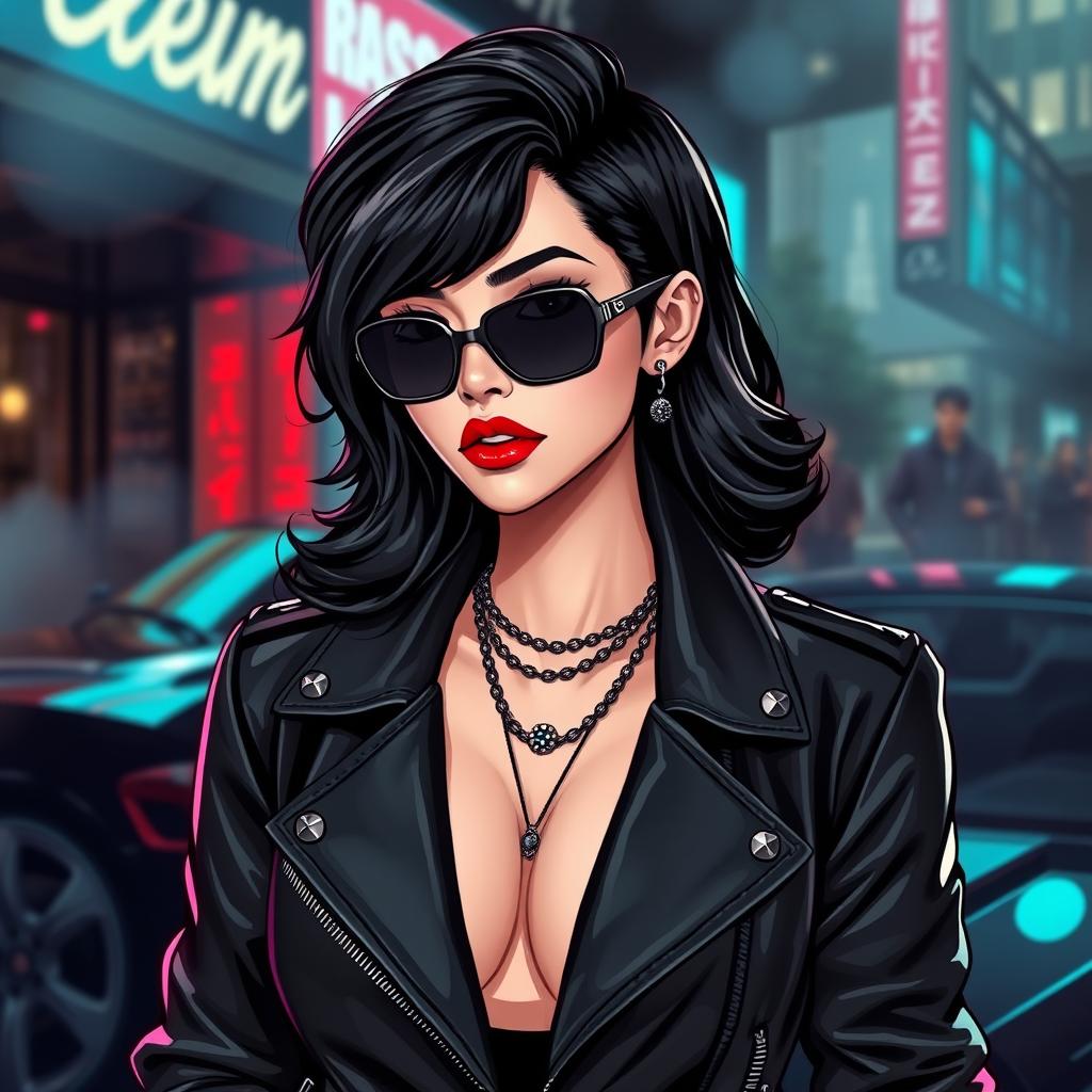 A stylish and attractive female character inspired by Rosie from Black Pink, depicted as a fashionable mafia leader