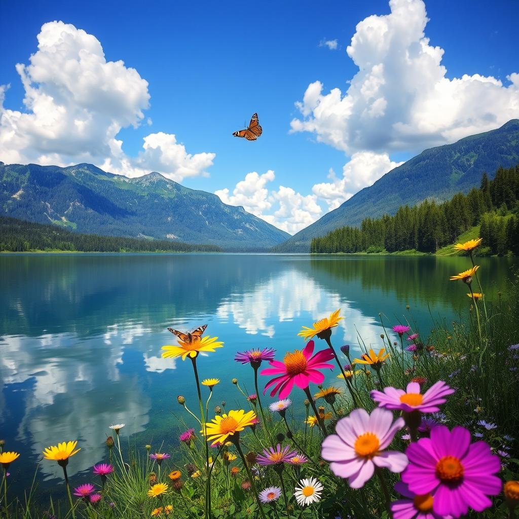 A serene landscape featuring a tranquil lake surrounded by lush greenery and colorful wildflowers