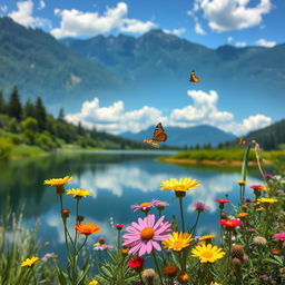 A serene landscape featuring a tranquil lake surrounded by lush greenery and colorful wildflowers