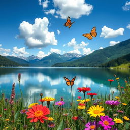 A serene landscape featuring a tranquil lake surrounded by lush greenery and colorful wildflowers