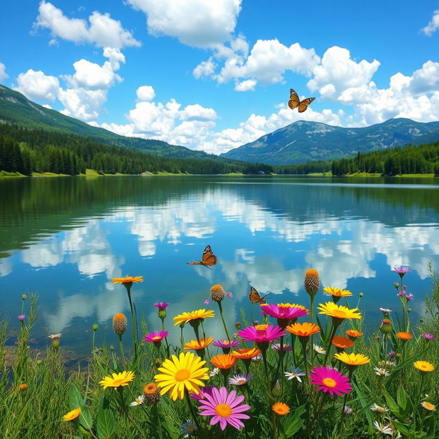 A serene landscape featuring a tranquil lake surrounded by lush greenery and colorful wildflowers