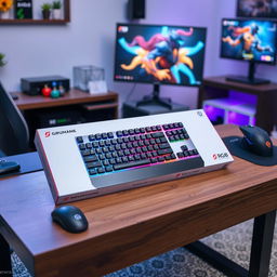 An unboxing scene of a premium gaming keyboard, displayed on a stylish wooden table