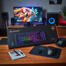 An unboxing scene of a premium gaming keyboard, displayed on a stylish wooden table
