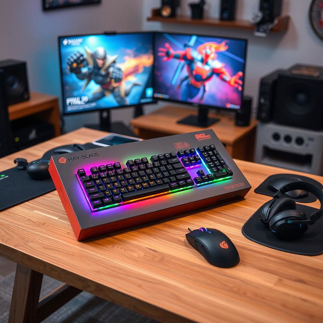 An unboxing scene of a premium gaming keyboard, displayed on a stylish wooden table