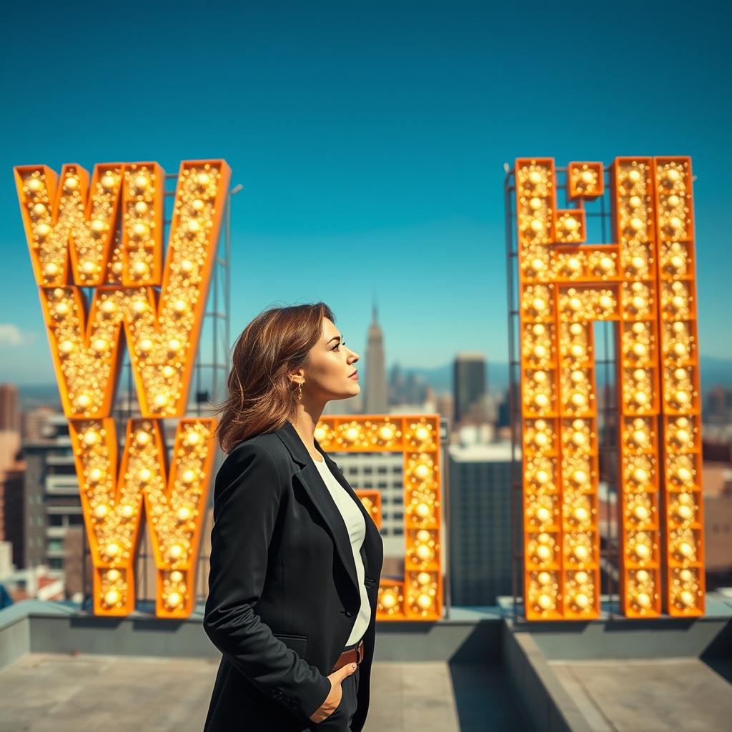 A cinematic daylight shot featuring a woman standing in front of a giant wish wall, constructed from dozens of real light signs that sparkle brightly under the sun