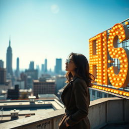 A cinematic daylight shot featuring a woman standing in front of a giant wish wall, constructed from dozens of real light signs that sparkle brightly under the sun