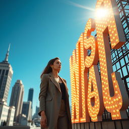 A cinematic daylight shot featuring a woman standing in front of a giant wish wall, constructed from dozens of real light signs that sparkle brightly under the sun