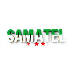 The word 'SAMATEL' prominently displayed, beautifully colored in shades of green inspired by the liberty Syrian flag, incorporating vivid red colors for the three stars