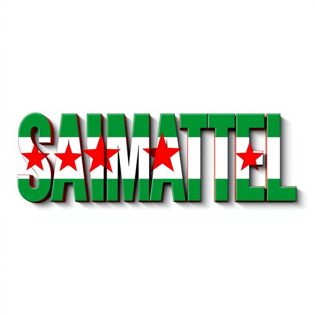 The word 'SAMATEL' prominently displayed, beautifully colored in shades of green inspired by the liberty Syrian flag, incorporating vivid red colors for the three stars