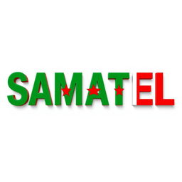 The word 'SAMATEL' prominently displayed, beautifully colored in shades of green inspired by the liberty Syrian flag, incorporating vivid red colors for the three stars