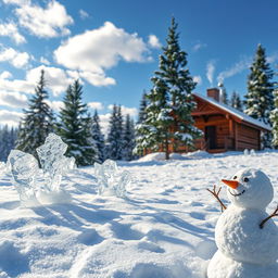 A winter wonderland scene featuring fresh, untouched snow covering a serene landscape