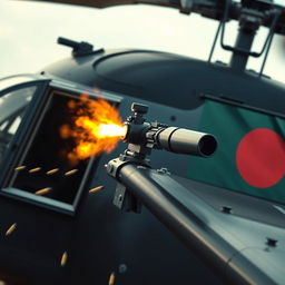 A realistic and powerful helicopter, equipped with a high-tech bulletproof and nuclear weapon based machine gun, firing its weapon with bullets visibly falling down