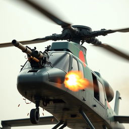 A realistic and powerful helicopter, equipped with a high-tech bulletproof and nuclear weapon based machine gun, firing its weapon with bullets visibly falling down