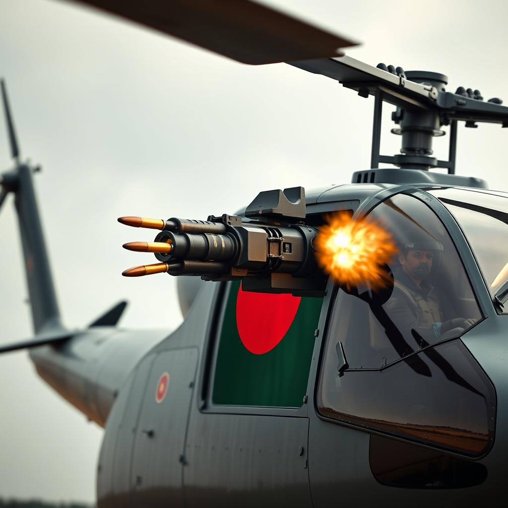 A realistic and powerful helicopter, equipped with a high-tech bulletproof and nuclear weapon based machine gun, firing its weapon with bullets visibly falling down