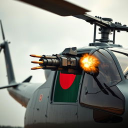 A realistic and powerful helicopter, equipped with a high-tech bulletproof and nuclear weapon based machine gun, firing its weapon with bullets visibly falling down