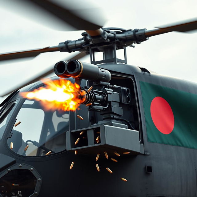 A realistic and powerful helicopter, equipped with a high-tech bulletproof and nuclear weapon based machine gun, firing its weapon with bullets visibly falling down